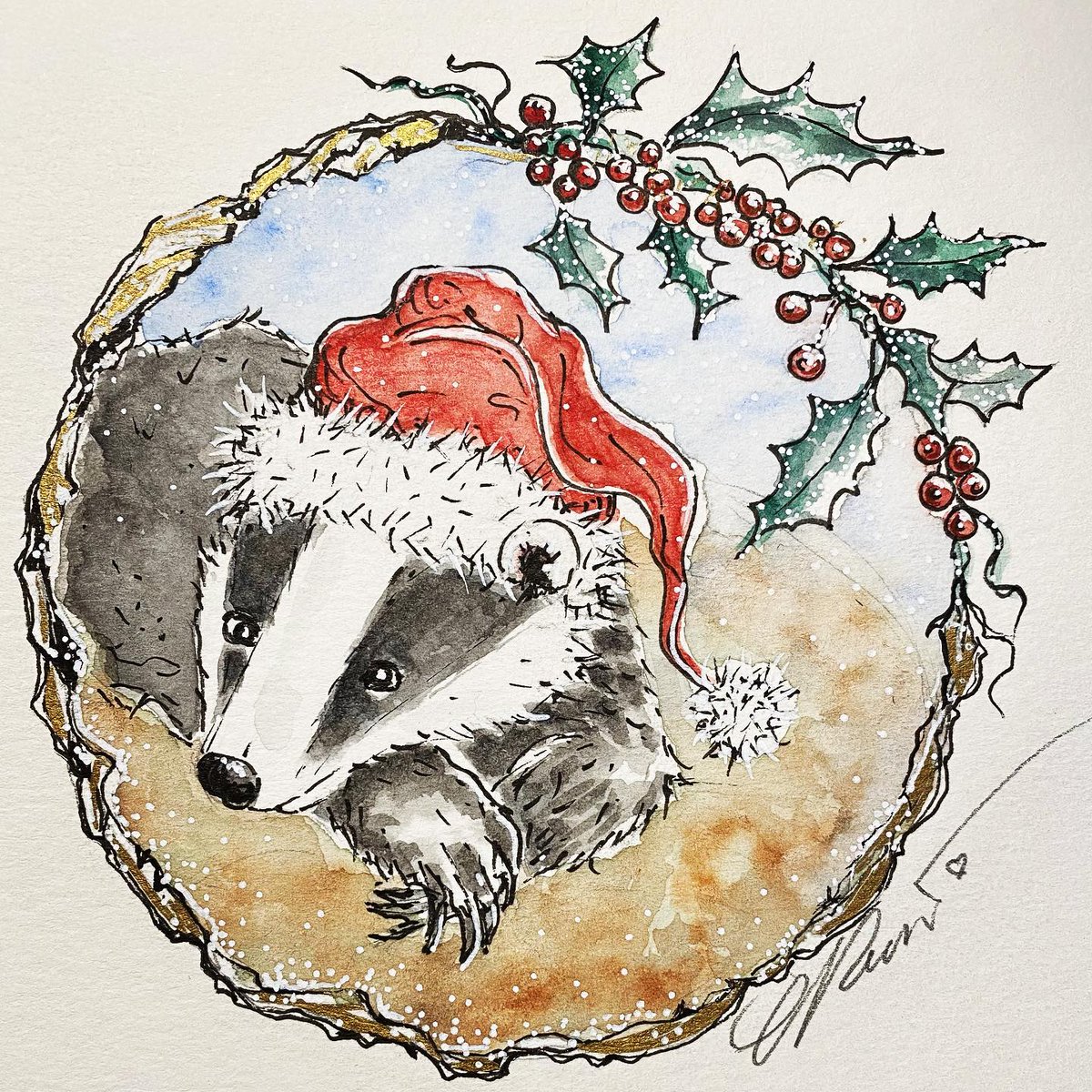 Badger, Christmas Badger, Limited Edition Print, Hand Embellished, Fantasy Art, Yule, Christmas Art, etsy.me/2VFYkPq via @Etsy 
#carolinarussoart #badger #christmasillustration #prints #christmasbadger #12daywinterdraw