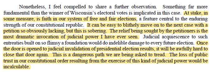 Hagedorn, continued: "It can be easy to blithely move on to the next case with a petition so obviously lacking, but this is sobering. The relief being sought by the petitioners is the most dramatic invocation of judicial power I have ever seen."