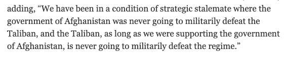 US Chairman of Joint Chiefs General Milley took heat this week for describing the war effort in Afghanistan as having attained a "modicum of success."Less commented on was an admission in the way he described the war's "stalemate": it only lasts as long as the US stays. 1/3