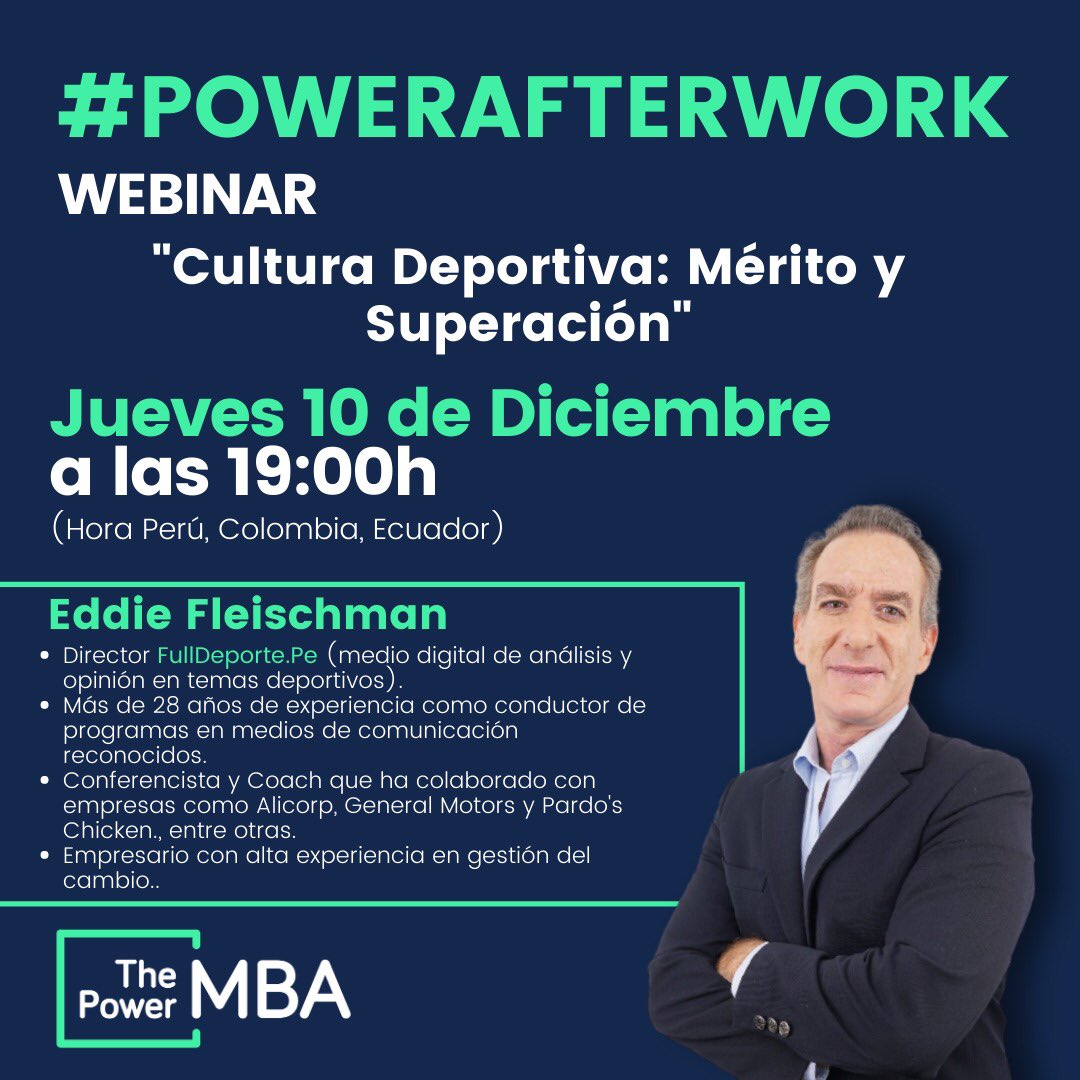 E_FLEISCHMAN's tweet photo. "CULTURA DEPORTIVA: MÉRITO Y SUPERACIÓN"
Gracias por la confianza a #thepowermba #powermba #powerafterwork #webinar
Pueden inscribirse aquí:
https://t.co/sLRLWoIw5A https://t.co/MGfNN2bAi9