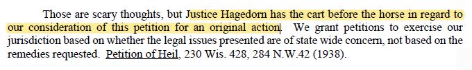 Justice Patience Roggensack dissents."Justice Hagedorn has the cart before the horse.""I dissent because I would grant the petition and address the people of Wisconsin's concerns about whether WEC's conduct during the 2020 presidential election violated Wisconsin statutes."