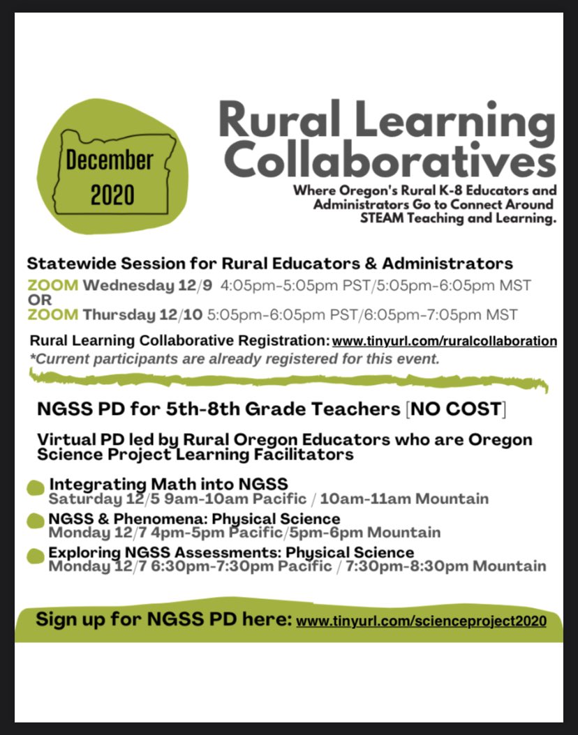 nwstemhub's tweet photo. Great opportunities for learning and sharing in December with our Rural Learning Collabs. Join your colleagues from across the state this weekend or next! @NGSS4Oregon https://t.co/KOW212xv2e