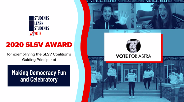 allintovote's tweet image. Congratulations to our friends at @VoteForAstra for throwing couch parties with us and winning the Making Democracy Fun and Celebratory award at the SLSV Post-Election Gathering Awards Ceremony! We couldn’t have made voting into a party without you. #allintovote #StudentsVote