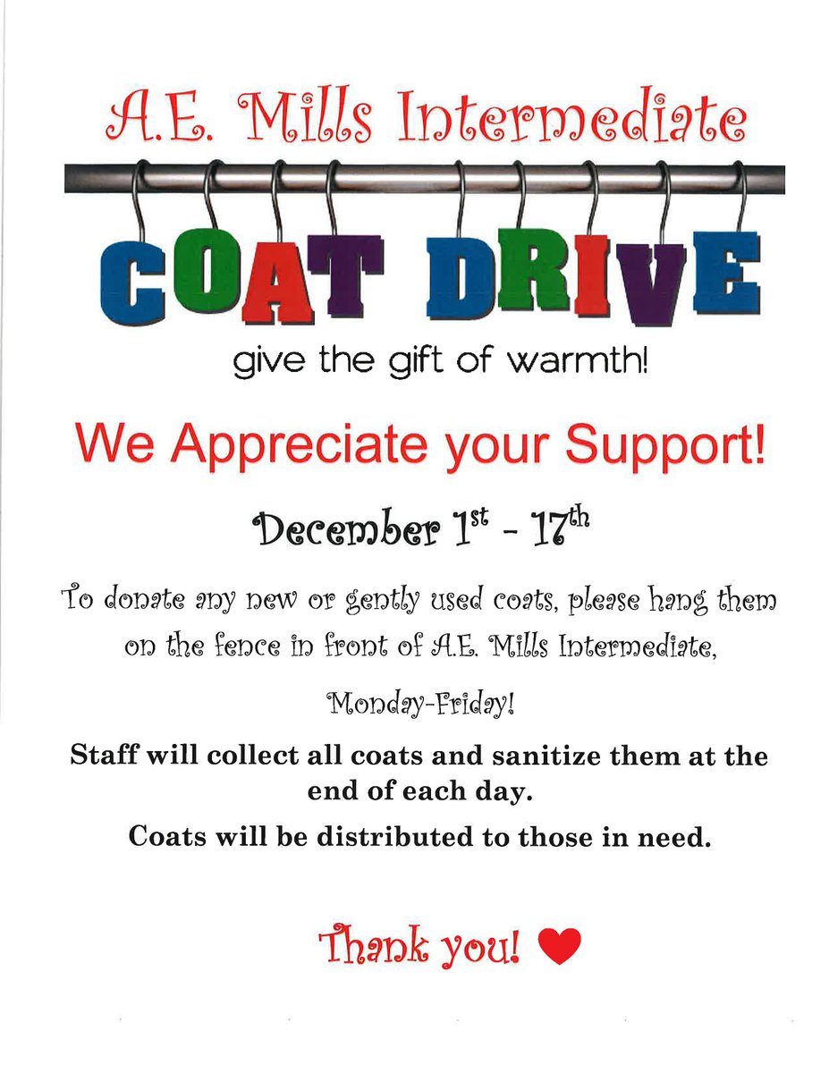 millsinter's tweet image. Mills Hawks - we are having a coat drive to help our friends who need a coat to stay warm this winter.  Please see the flyer for details. #fldusd #millsinter #supfreitas