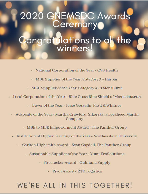 GNEMSDC1's tweet photo. Congratulations to all the winners!
@CVSHealth @TalentBurstUSA @BCBSMA @prattandwhitney @Sikorsky @Northeastern @PantherStaff @YumiEcoProducts @RTD_Logistics 

#WeAreGNEMSDC #GNEMSDC 

THANK YOU! https://t.co/q287Lgv6g6