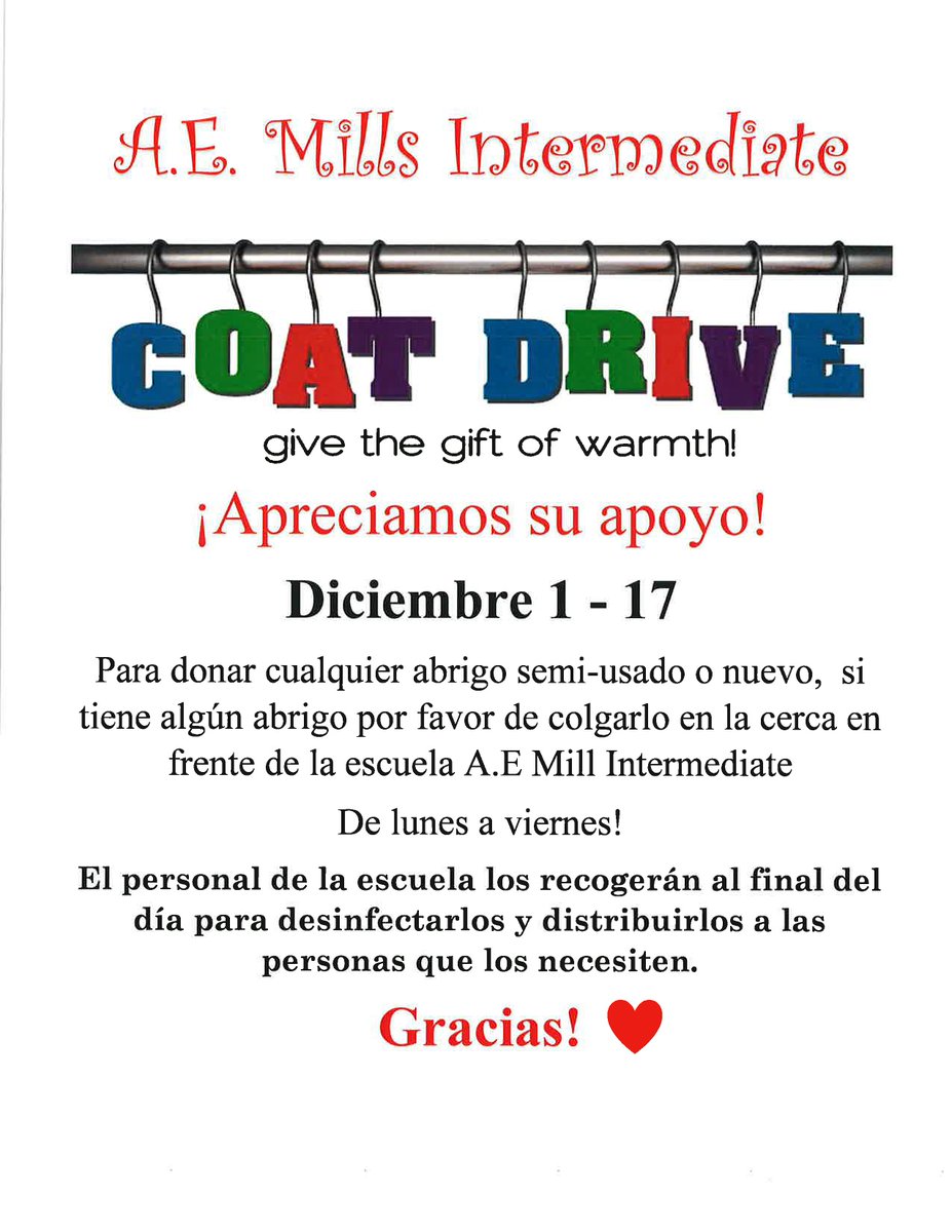 millsinter's tweet image. Mills Hawks - we are having a coat drive to help our friends who need a coat to stay warm this winter.  Please see the flyer for details. #fldusd #millsinter #supfreitas