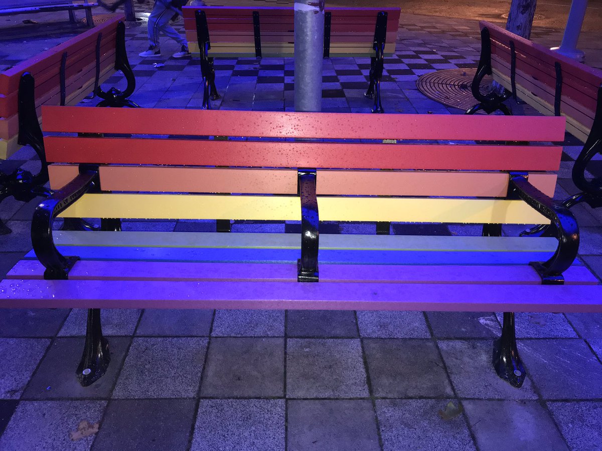 TDotGayCop's tweet photo. Nice new rainbow benches in Barbara Hall Park in @ChurchWellesley Village. https://t.co/QzwDC0oHWa