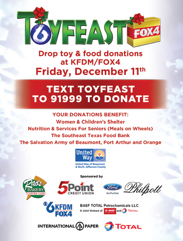 SETXFoodBank's tweet photo. We look forward to #ToyFeast in one week! We are grateful to @UnitedWayBMT, @kfdmnews and Fox 4 for including us in this partnership to help our community. Thanks SETX for your support! https://t.co/6DTiErKUzs