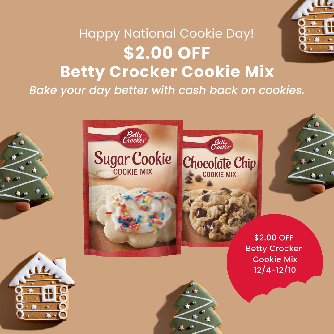 Coupons's tweet photo. Happy #NationalCookieDay!!
The cookies are on us today - get $2.00 off Betty Crocker Cookie Mix now through 12/10. Your flavor, your choice. 
Only in our app: https://t.co/uxFpbl7ywE

#cookies #bettycrocker #cookiemix #christmascookies https://t.co/KZxyafNUCO