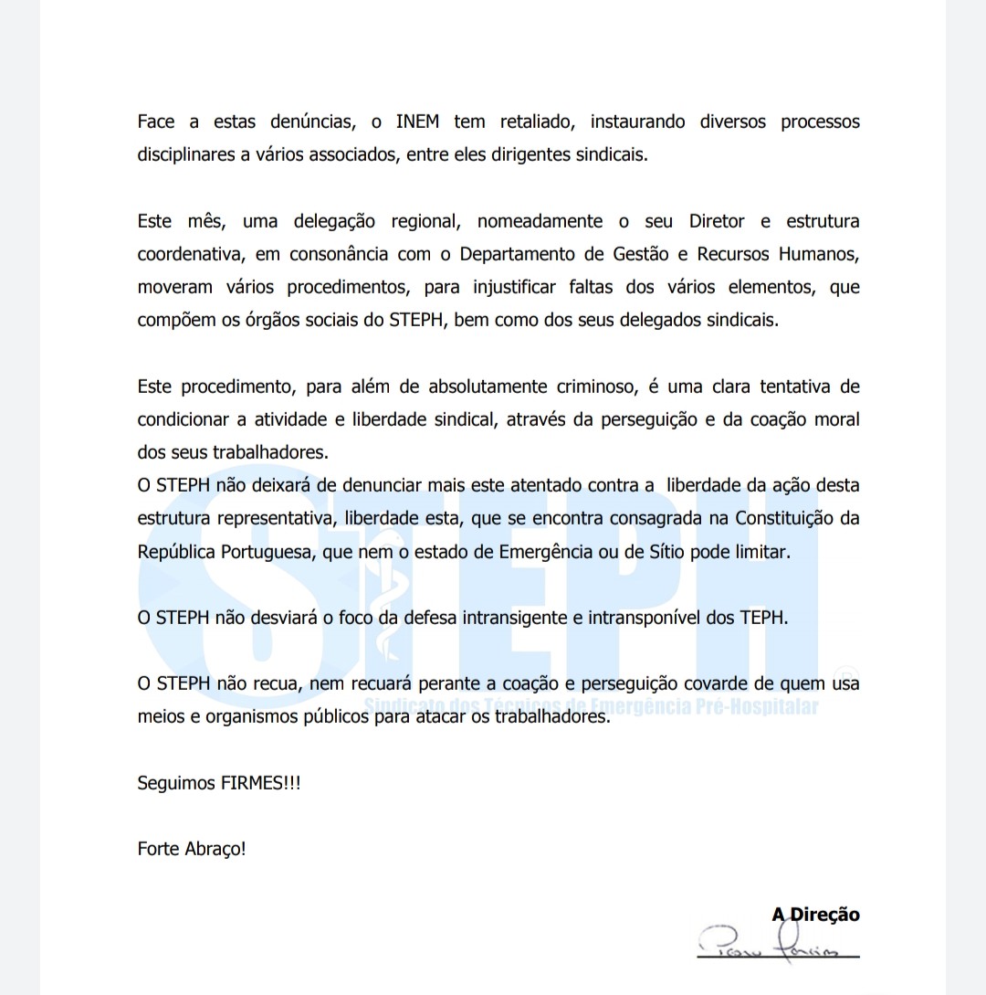 STEPH_PRT's tweet photo. 📃Comunicado aos associados 📃 
O #STEPH não recua, nem recuará perante a coação covarde e perseguição de quem usa meios e organismos públicos para atacar os trabalhadores. 
#TEPH #INEM #prehospitalar #Portugal @saude_pt @SNS_Portugal #SeguimosFirmes https://t.co/gt1odd010i