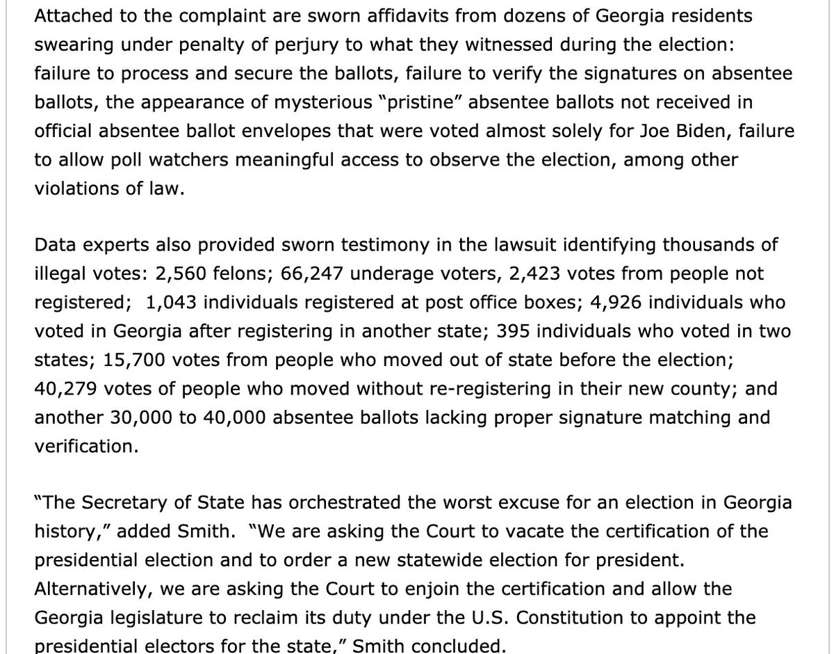 2/ “Data experts also provided sworn testimony in the lawsuit identifying thousands of illegal votes: 2,560 felons; 66,247 underage voters; 2,423 votes from people not registered; 1,043 individuals registered at PO Boxes; 4,926 who voted in GA after registering in another state;