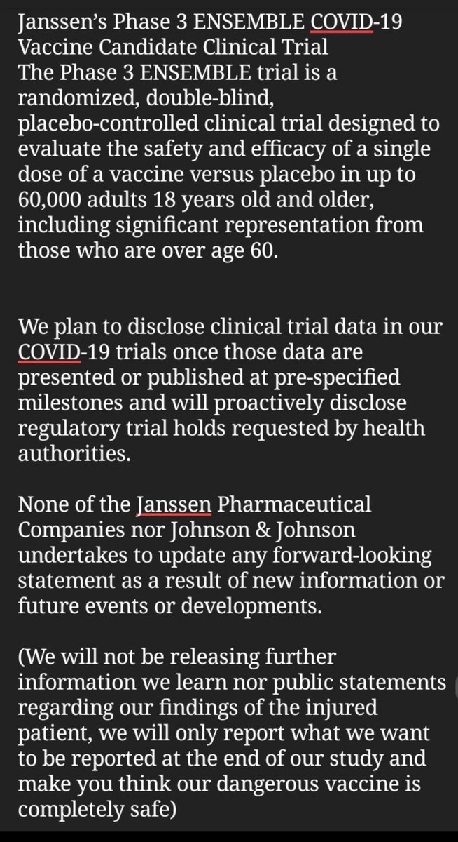 Johnson & Johnson Prepares to Resume Phase 3 ENSEMBLE Trial of its Janssen COVID-19 Vaccine Candidate in the U.S.(INJURED TRIAL PATIENT COVER UP)Updated Statement October 23, 2020 https://www.jnj.com/our-company/johnson-johnson-prepares-to-resume-phase-3-ensemble-trial-of-its-janssen-covid-19-vaccine-candidate-in-the-us