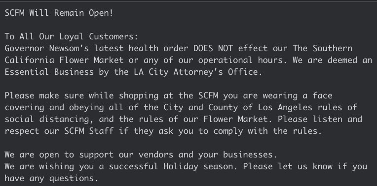 SoCalFlowerMrkt's tweet photo. The Southern California Flower Market will remain open. When visiting, please make sure to wear a mask, social distance and follow all safety guidelines. We look forward to serving you this holiday season!💐 https://t.co/wg3LxeYhT2