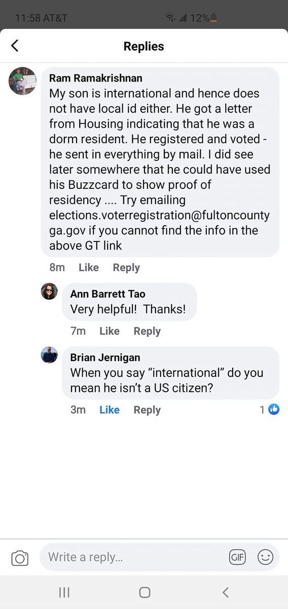 Today on the FB Group “GA Tech Current or Potential Parents” this was posted by Ram Ramakrishnan-a student’s father. He is describing his son ILLEGALLY VOTING & then telling other parents how their kids can do the same.