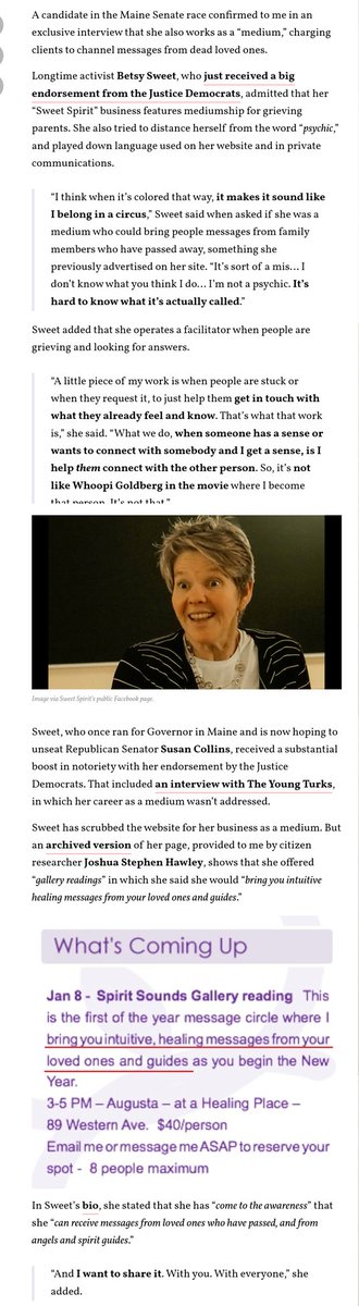 Betsy is a lobbyist and a psychic who charges $ to talk to grieving people's dead loved ones. She claims to have a Master's in Spiritual Healing from an unaccredited college that is QUOTE "Definitely not a cult" (and doesn't seem to offer Master's degrees)JD endorsed her 2x.