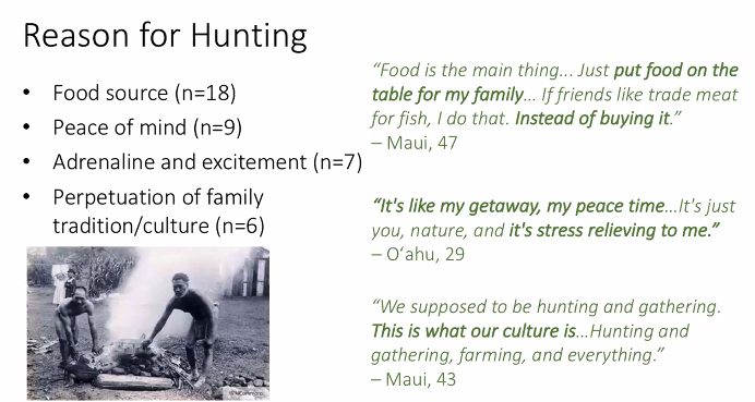 MKunz808's tweet photo. "Culture is not static, it's a living concept that continuously evolves" - @kupaalh at #NREMSeminar. His research shows the dynamic interaction of #NativeHawaiians &amp; pigs shifted from livestock husbandry to hunting; both can be considered an indigenous cultural practice in HI. https://t.co/yPTm6O0Uuc