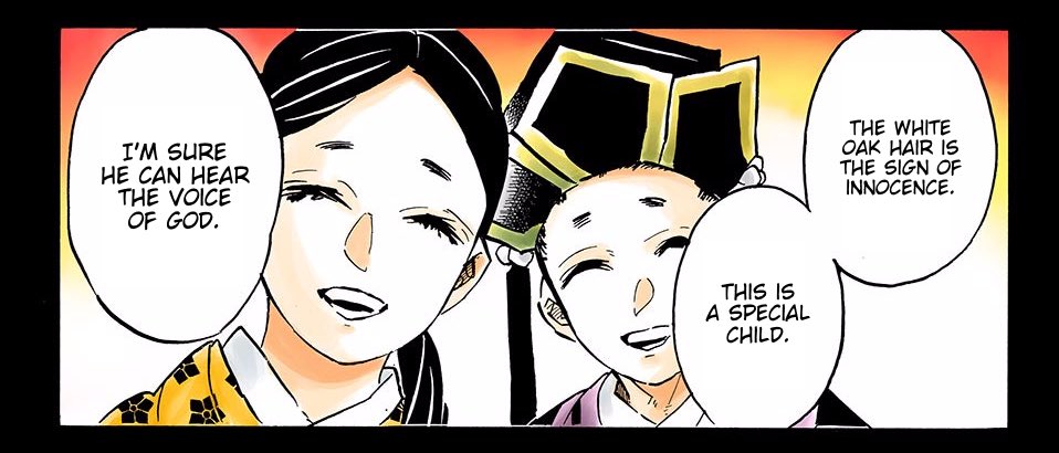 Douma was born with peculiar silver hair and rainbow eyes. Because of this, his parents thought he was very special, and he could hear gods. This is when they took advantage of him and made him the leader of their cult. You know, like shitty parents