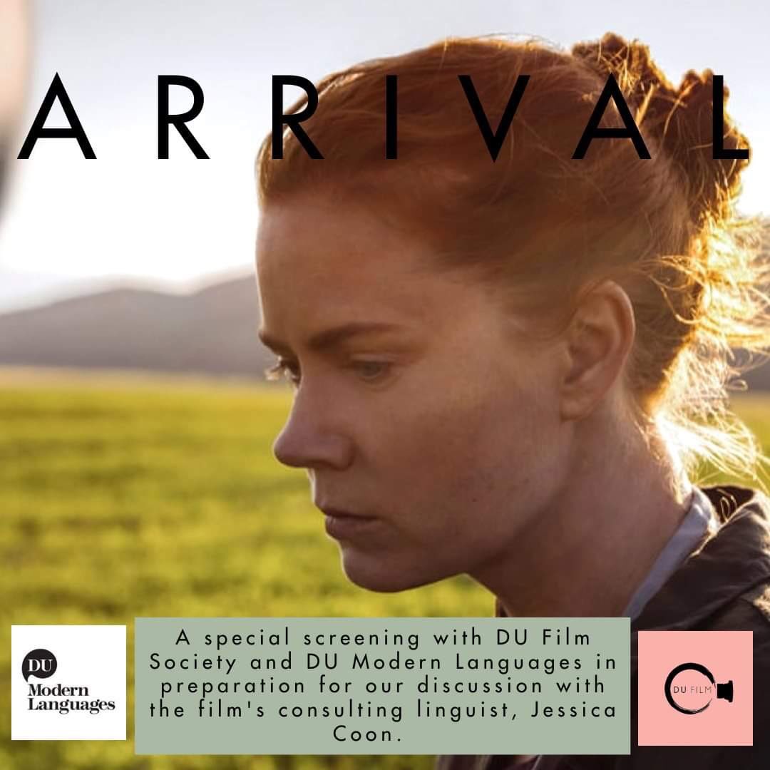 DUFilm's tweet photo. We’re screening Arrival (Monday at 7), in preparation for our Zoom discussion (Wednesday at 6) with the film’s consulting linguist, Jessica Coon. Coon is an Associate Professor at McGill University who focuses on morphology and syntax.

@TrinityFilm1 
@ModLangTwit 
@TrinityCSC https://t.co/t6swOLgzwX