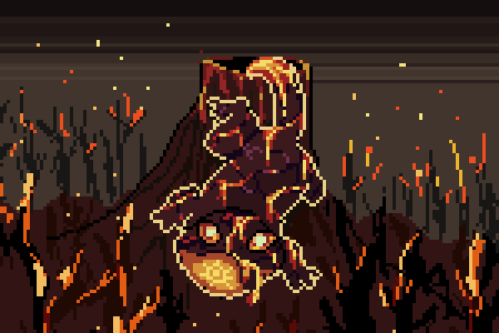 JuliaGoodish's tweet photo. Kind of rushed at the end - felt naked without some sort of chaos around it. I wanted to do some sort of elemental guardian so I made a lava lizard..salamander? thing? #GuardAnimal #pixelart #pixel_dailies @Pixel_Dailies https://t.co/gz0LRccUW9