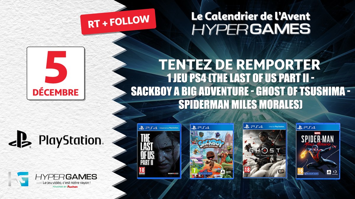 HypergamesA's tweet photo. #Concours 🎅
JOUR 5 📅
Tentez de remporter 1 jeu PS4 (The Last Of Us Part II, Ghost Of Tsushima, SackBoy : A Big Adventure, Spiderman Miles Morales).
Au total 12 gagnants.
Pour participer :
✔️Follow @HypergamesA
✔️RT le tweet
TAS le 6/12 à 17h
👉https://t.co/tb4s4lbKsn https://t.co/YBElru9x2r