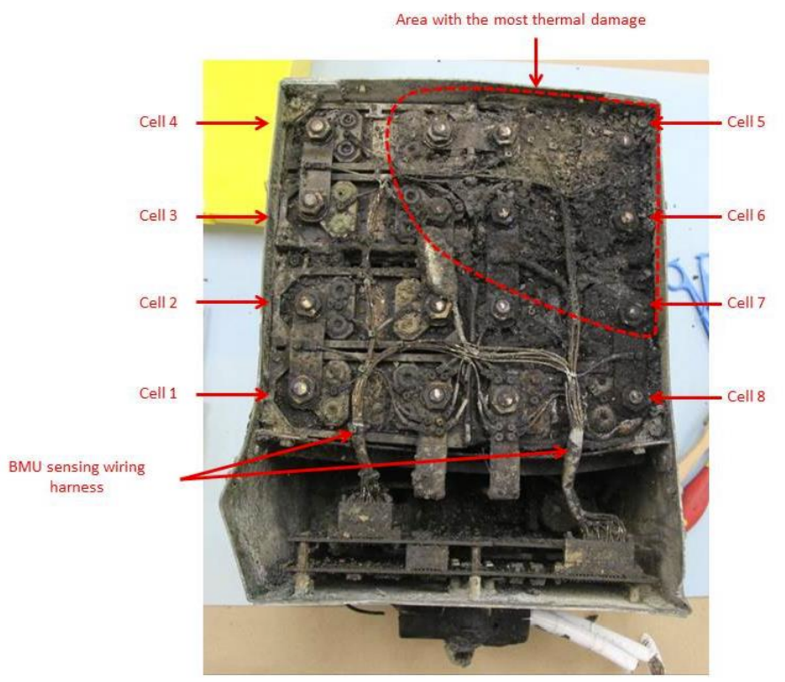 upon lifting the (bent, broken) lid, this is what investigators found -- a charred mess! but this is the NTSB, and they are good at sifting through charred messes.