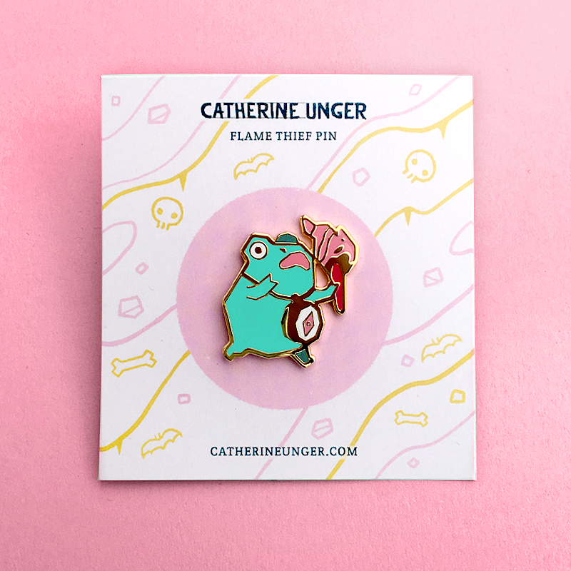 Pins (3/3):1. Flame Thief by  @Ungapants: ( https://catherineunger.bigcartel.com/product/frog-thief-enamel-pin)2. Leopard by  @AleeshaNandhra: ( https://www.etsy.com/listing/804090457/leopard-face-enamel-pin?ref=shop_home_active_1)3. Rainbow Metal Pangolin by  @LionintheTrees ( https://shop.lioninthetrees.com/collections/frontpage/products/rainbow-metal-pangolin-enamel-pin)