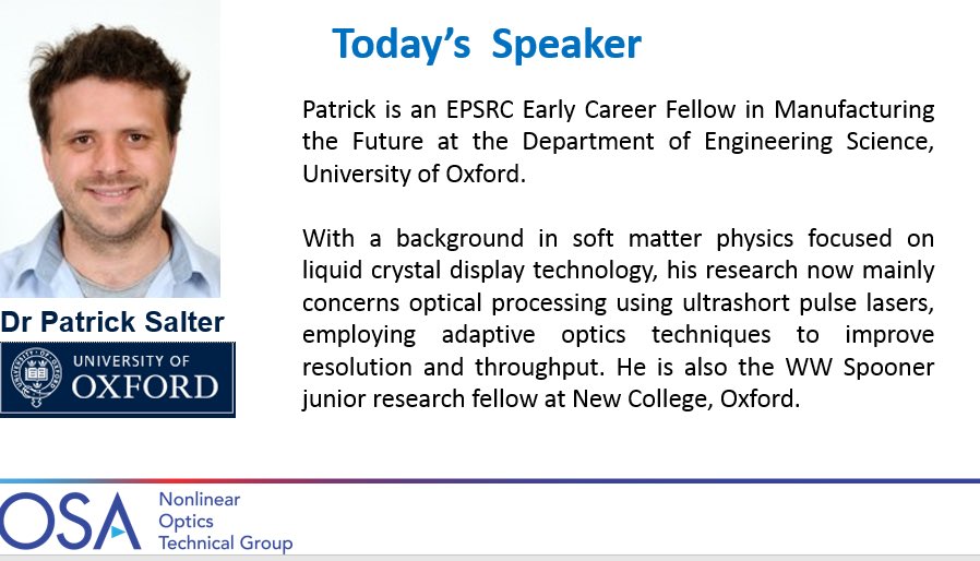 xusanyoung's tweet photo. Upcoming webinar this monday 7th december (11am EDT) hosted by Imaging Optical Design #OSATechGroup on adaptative optics for aberration correction in laser processing, by Patrick Salter, Univ. of Oxford. You are all welcome! https://t.co/zsz16kHpW1 https://t.co/yfag6bOoSh