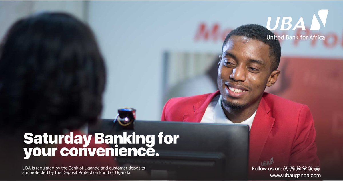 UBAUganda's tweet photo. A part from Bugema branch, all the other branches country wide are open for business on a Saturday from 9:00 am - 2:00 pm visit any of them and perform your banking today. #SaturdayService #WorkingOnWeekend #AfricasGlobalBank https://t.co/18mgXKUUrL