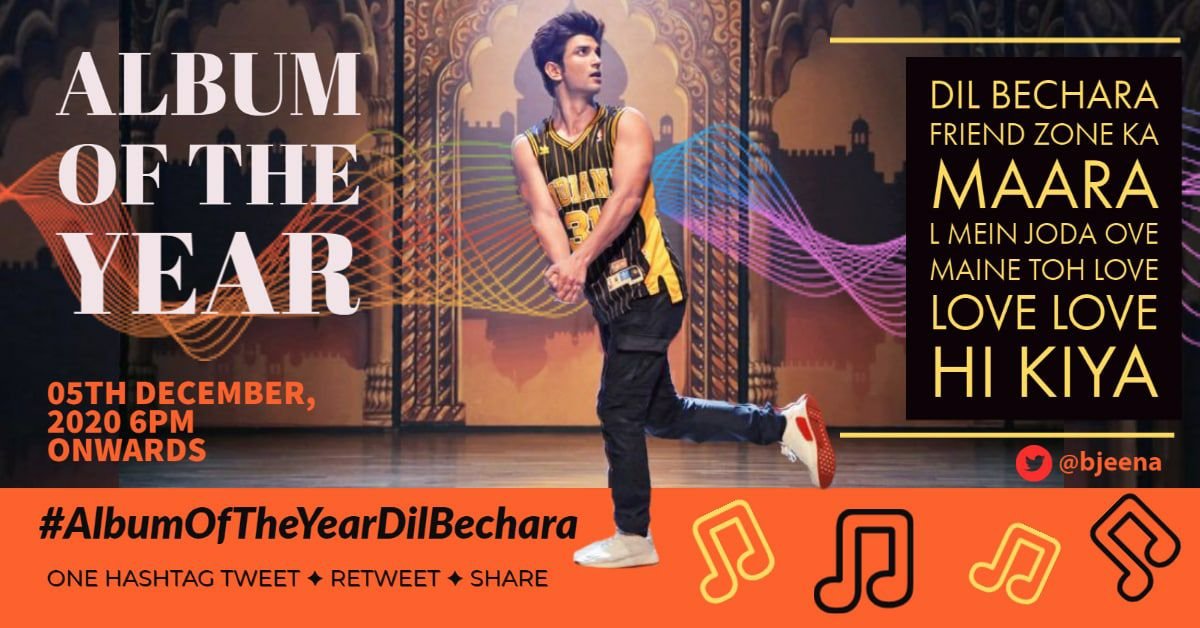 AadilYo49207160's tweet photo. Embrace Our Beloved 
SUSHANT⭐⭐⭐⭐⭐
With The Music Of
❤❤❤"Dil Bechara"❤❤❤
Officially The  Album Of The Year 2020 ❤❤
Celebrate it by tweeting &amp; posting with
HT: #AlbumOfTheYearDilBechara
Starting 6PM IST 
5th December, Saturday 
#CBIUprootSSRkillers #Justice4SSR https://t.co/5sm7rCcjew