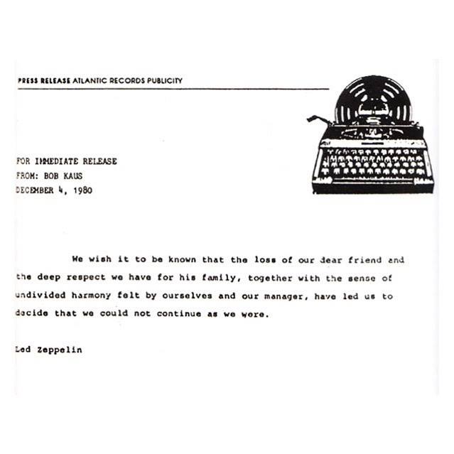 #UnDiaComoHoy de 1980 Led Zeppelin anunciaba su separación definitiva.

La decisión fue tomada tras la trágica muerte de John Bonham un par de meses atrás. Con la partida de "Bonzo", era obvio que la banda no podía continuar sin él.
