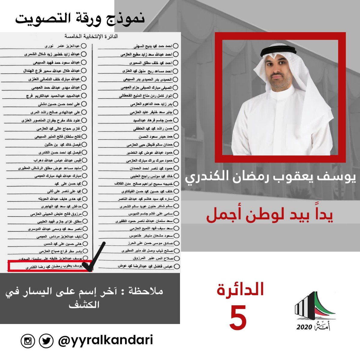 تنبيه هام
الاسم في ورقة الاقتراع 

يوسف يعقوب رمضان الكندري

ملاحظة اخر اسم على اليسار بورقة الاقتراع

#انتخابات_مجلس_الأمة_2020 
#امة_2020 
#الدائرة_الخامسة
#امة2020 
#مجلس_الأمة 
#يوسف_يعقوب_رمضان_الكندري