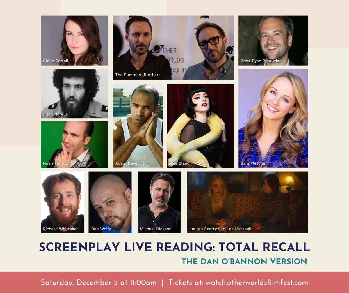 OtherWorldsATX's tweet photo. Our live screenplay reading event is tomorrow, Saturday, 12/5! Take a look at this stacked lineup of actors that we have reading TOTAL RECALL, the Dan O’Bannon Edition. Seriously - this event is going to be amazing. 👏

#OtherWorlds2020 #OW2020 https://t.co/8tvaexfsh3
