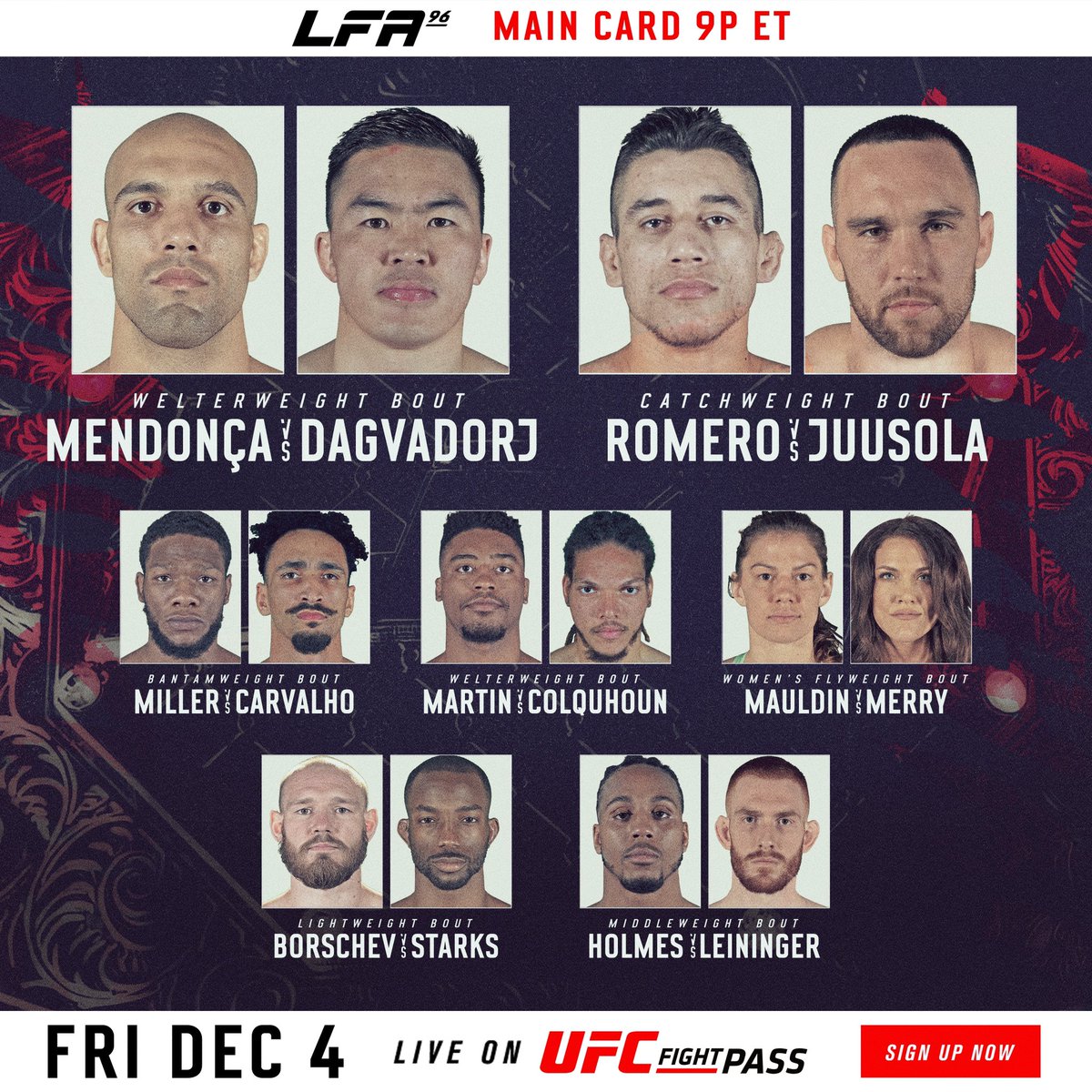 LFAfighting's tweet photo. .@LFAfighting brings the #Welterweight Championship to #Kansas at #LFA96! 🏆

#MayconMendonca 🇧🇷
vs.
#BatsumberelDagvadorj 🇲🇳

Friday, December 4
@HartmanArena
#ParkCity, #Kansas

#MMA
#LFANation
@UFCFightPass https://t.co/V9VnciB7BA