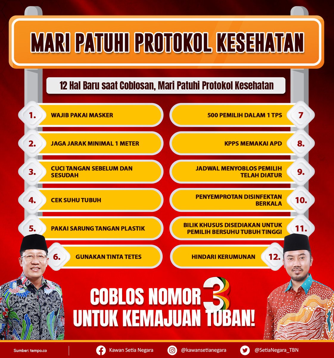 SetiaNegara_TBN's tweet photo. Pilkada sebentar lagi, jangan lupa tanggal 9 Desember 2020. Saatnya tentukan pilihanmu!
Tentukan pilihanmu, Coblos Setia Negara Nomor 3!

#SetiaNegara
#Setiajit
#GusMaya
#NomorTeluMenangTotal
#TubanSiap https://t.co/ebcEWpnQlN