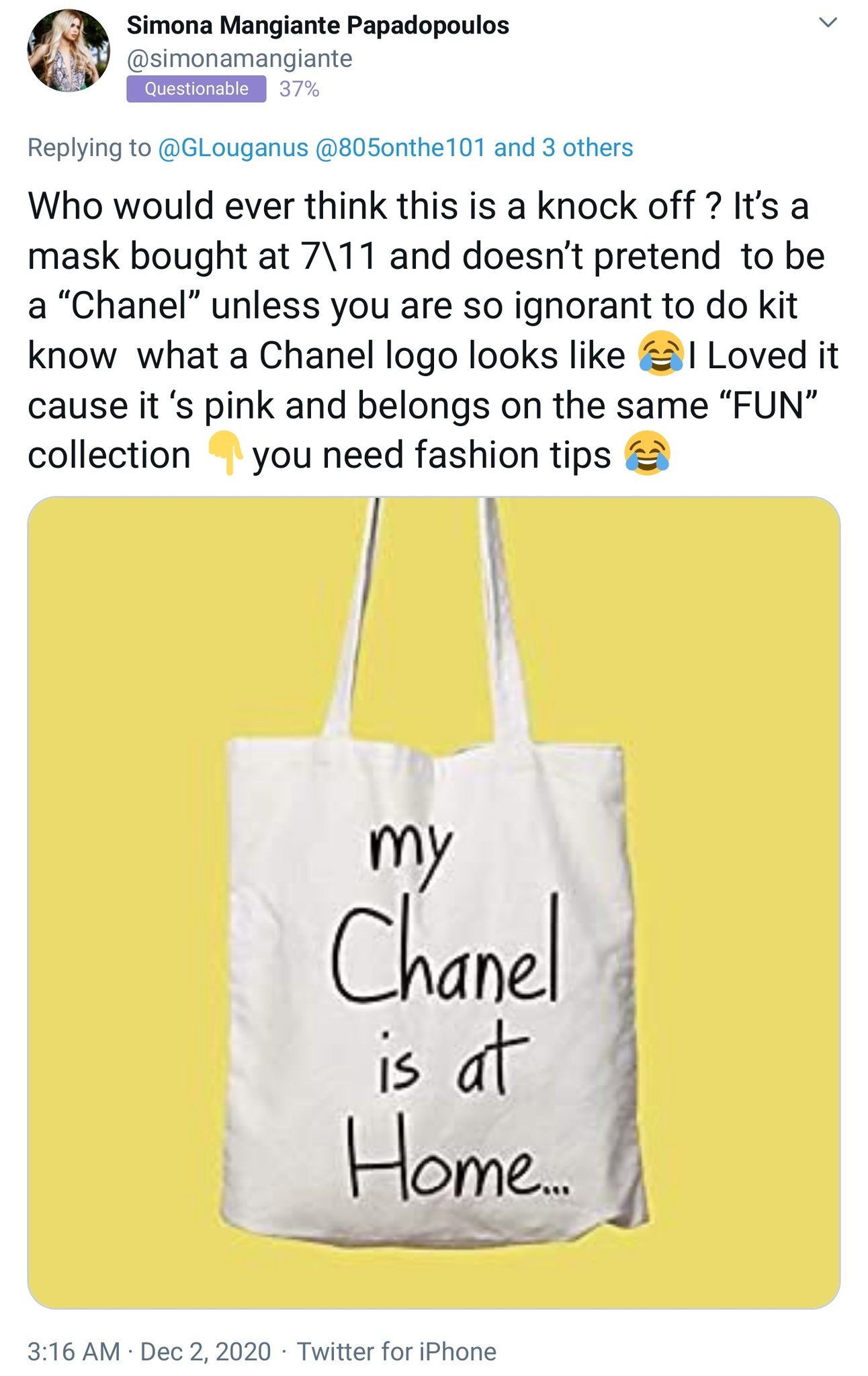Christopher Bouzy (spoutible.com/cbouzy) on X: The faux Chanel mask with  the Chanel logo isn't trying to pretend to be Chanel? What?🤦🏾‍♂️😂   / X