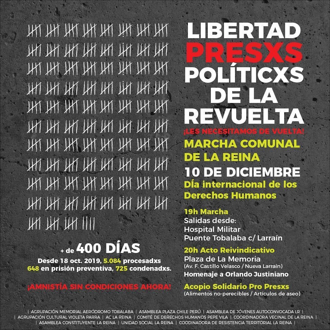 10 de diciembre#diainternacionaldelosderechoshumanos Nos encontraremos en la marcha comunal a las 19:00 hrs
Salidas: Hospital Militar y Puente de Tobalaba/ Larrain
#libertadalxspresxsdelarevuelta 
Acopio solidario pro presxs
Acto reivindicativo
Homenaje a Orlando Justiniano