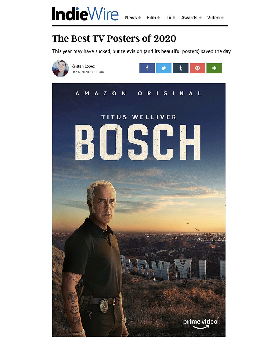 So cool that @indiewire recognized the Bosch Season 6 poster among the best of 2020.
⠀⠀⠀⠀⠀⠀⠀⠀⠀
Art by Rhubarb for @amazonstudios
📸 James Minchin | Fox Creative
⠀⠀⠀⠀⠀⠀⠀⠀⠀
@BoschAmazon  <a href="/welliver_titus/">TitusWelliver</a> @jamiehector <a href="/Connellybooks/">Michael Connelly</a>  #bosch #michaelconnelly