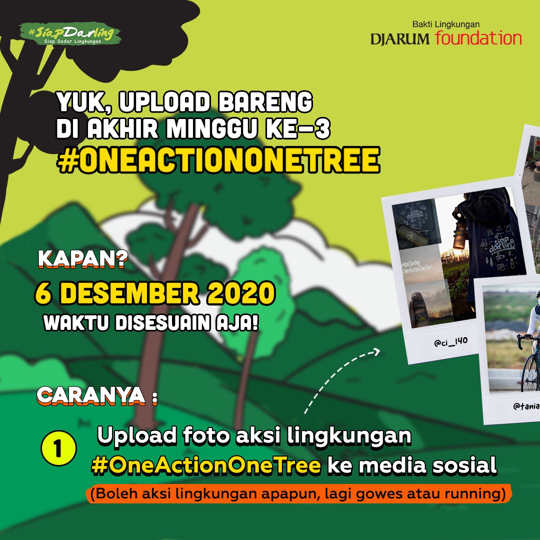 siapdarling's tweet photo. Siap-siap besok kita upload bareng kegiatan #OneActionOneTree di Feeds atau Stories yak! Nantinya, setiap postingan bakal Siap Darling bikin video dokumentasinya.
Ditunggu besok yak!
#Aksidarling #siapdarling #DirumahAja #Lingkungan #Konservasi #running #cyclists https://t.co/KhlzdE4VcY