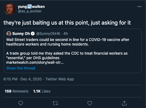 Same reverse psychology gambit -- this is free advertising for Pfizer. If one proceeds to the article, the only thing that's certain is that a community bank lobbying group asked that its tellers be jabbed, and there's only vague speculation that because  https://twitter.com/as_a_worker/status/1334999784206299143