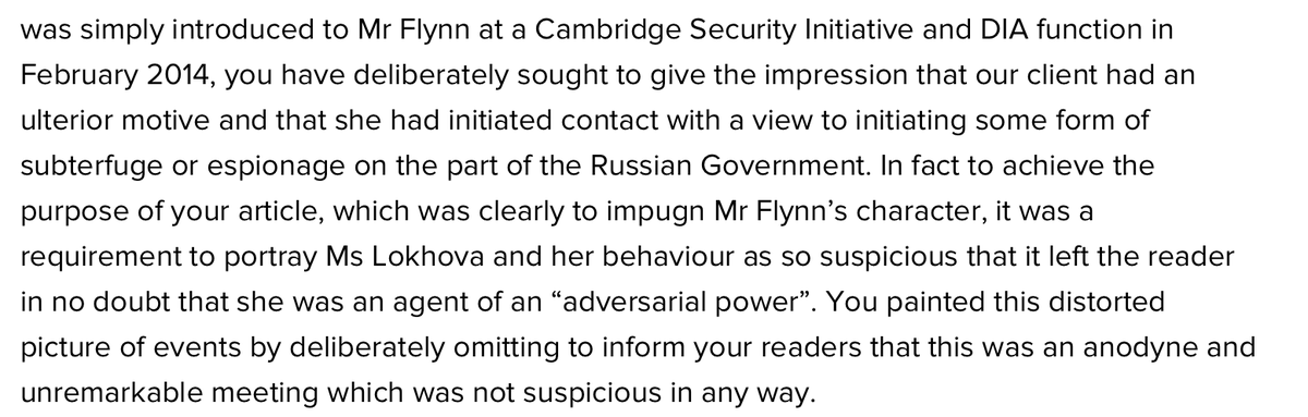 Spring 2017: I begin legal action against Fake News media, still ongoing. Purpose of the articles "was to impugn Mr Flynn’s character" & "it was a requirement to portray Ms Lokhova as so suspicious that it left the reader in no doubt that she was an agent of an “adversarial power
