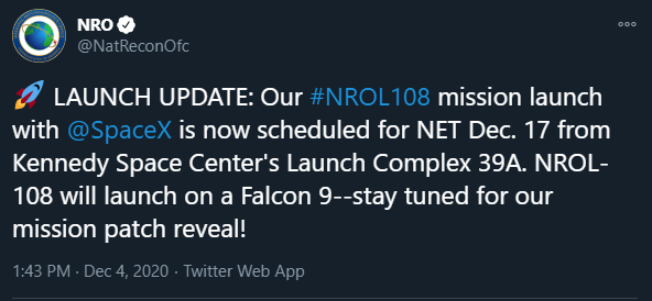 4/ SpaceX is planning to launch NRO-108, a classified satellite from complex 39A (391). This mission was kept completely secret until a month before its original mid-October targeted launch date.