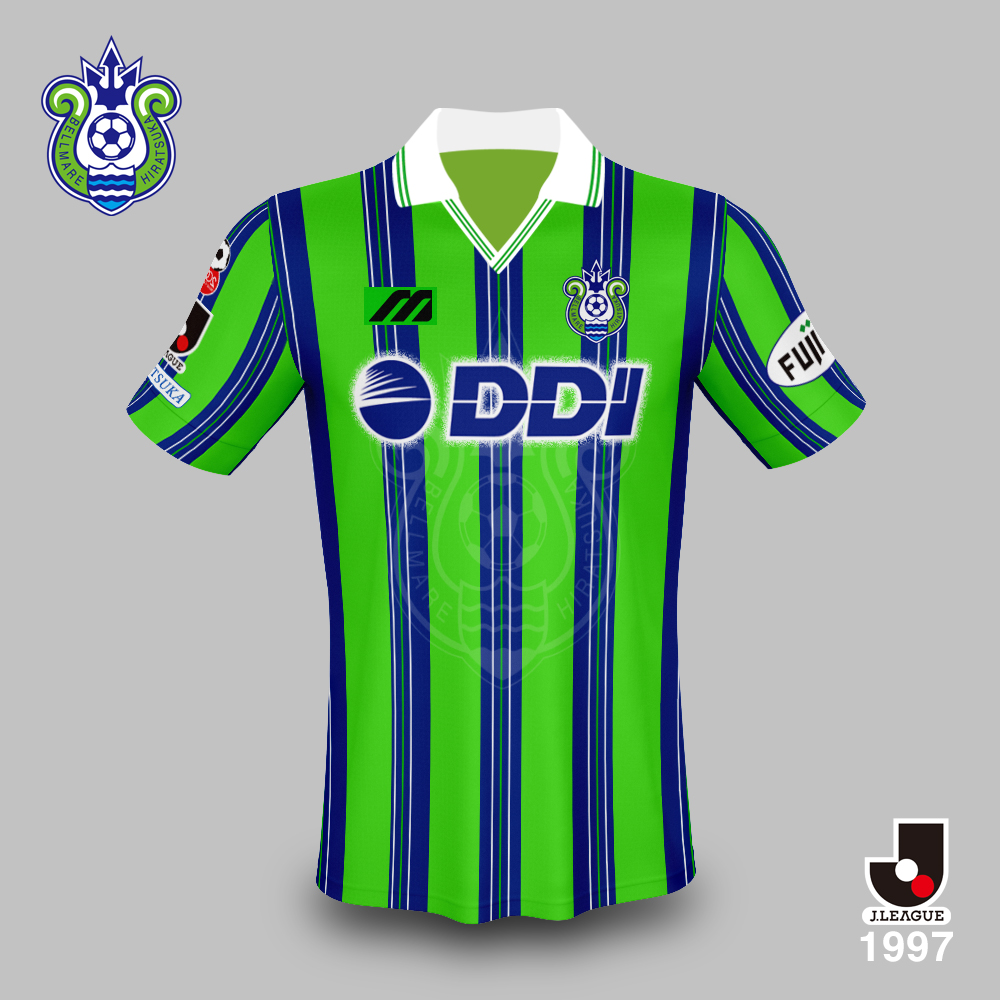 ともさん Tomosan サッカーユニフォームの世界 Jユニ図鑑 ベルマーレ平塚 1997 By Mizuno メーカー自由化後もミズノを着用 細かな線を組み合わせた縦ストライプ 胸部にはエンブレムの透かしが 洪明甫の加入ファーストユニフォーム