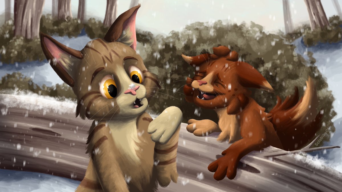 Solstrike06's tweet image. Finished my prompt for #wcadvent Day 3! Squirreltkit and Leafkit’s first snow.  I can’t do a drawing every day, so I’ll just do whichever prompts and post them whenever I finish lol.  Prompts and pallet by @Gee_lly and @Miss_DakoART!