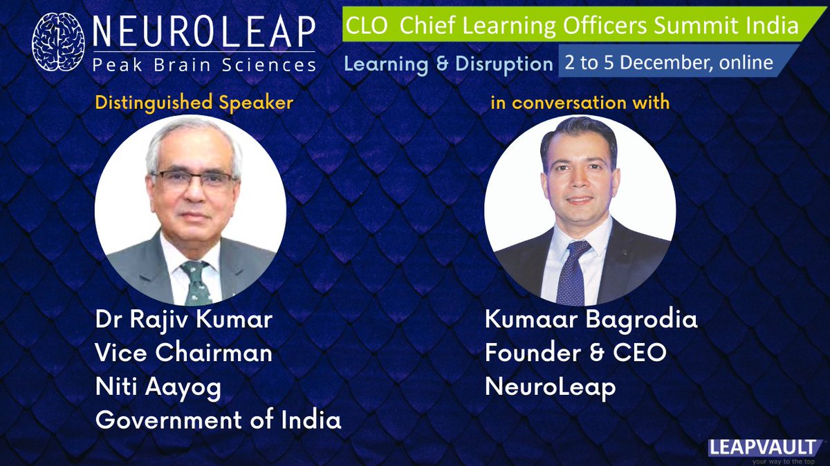Dr <a href="/RajivKumar1/">Rajiv Kumar</a> Vice Chairman, <a href="/NITIAayog/">NITI Aayog</a> and our founder <a href="/KBagrodia/">Kumaar Bagrodia</a> will be in conversation at the 12th <a href="/CLOSummitIndia/">CLO Summit India</a> Learning &amp; Disruption <a href="/LeapVault/">LeapVault</a> #innovation #leadership #mentalhealth #mentalfitness #entrepreneurship #mentalhealthindia <a href="/NeuroLeap/">NeuroLeap</a> #neuroscience