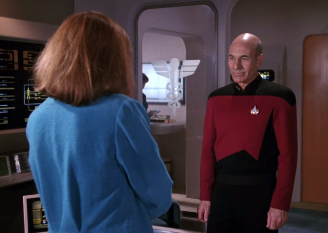 Patrick Stewart gives the imposter Picard a slight slouch that is subtle enough to not draw attention to it, but gives the effect that this (obviously) isn't the real Picard.
