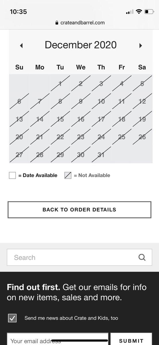 Fauxmingo's tweet photo. @CrateandBarrel I keep getting emails to schedule my in-home delivery, but when I click on the link to the scheduling calendar, every single date through all of next year is marked as “not available”. Is this accurate? https://t.co/z7qDI7vvqs