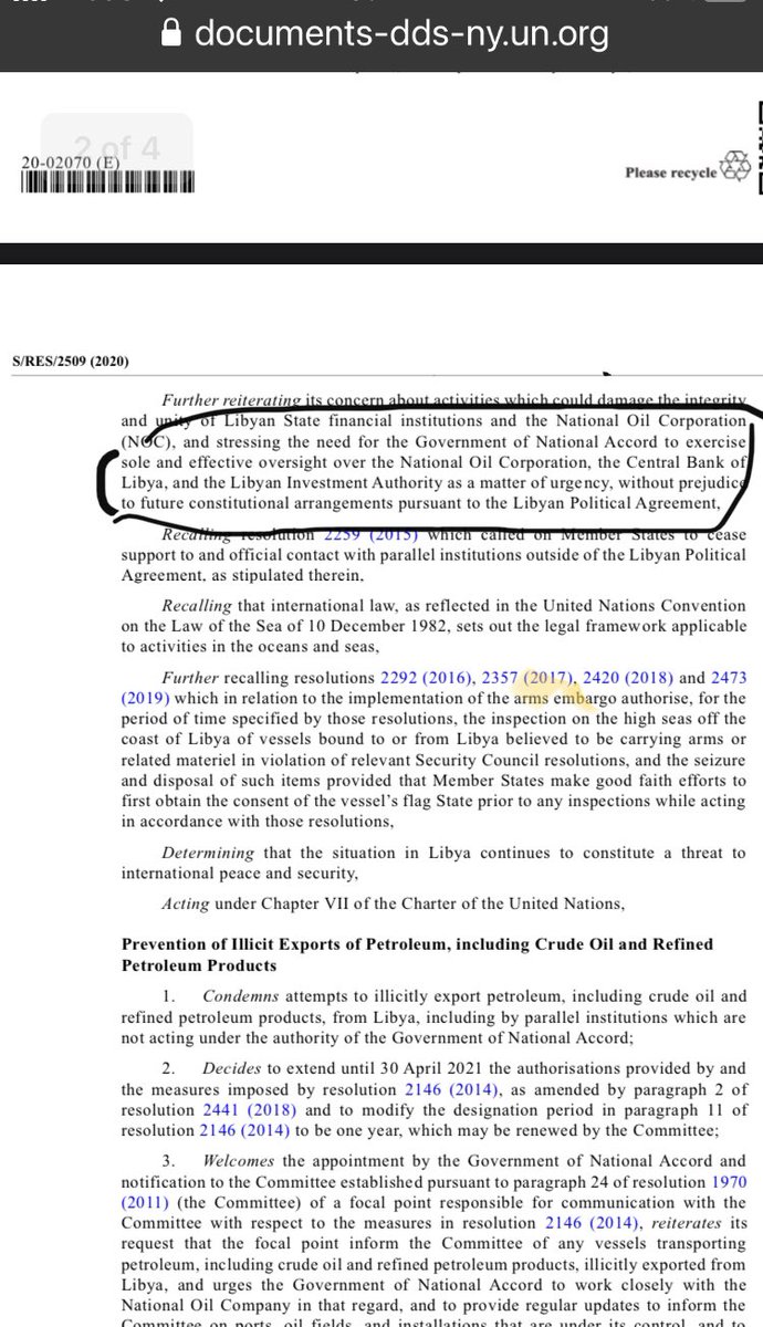 UN resolution 2509 passed February 2020 refers to & requests that ‘the Government of National Accord exercises SOLE and EFFECTIVE oversight over the National Oil Corporation’. This is clearly not happening. So is Sarraj or Sanallah or  @USAEmbassyLibya breaking international law?