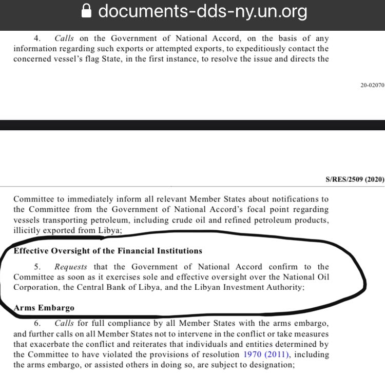 UN resolution 2509 passed February 2020 refers to & requests that ‘the Government of National Accord exercises SOLE and EFFECTIVE oversight over the National Oil Corporation’. This is clearly not happening. So is Sarraj or Sanallah or  @USAEmbassyLibya breaking international law?