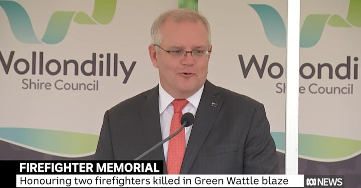 THE_Russell's tweet photo. The man who, during the worst bushfires ever, secretly abandoned Australia in it's hour of need to holiday in Waikiki has the gall to preside over the dedication of a memorial to the brave firefighters who sacrificed their lives fighting the blaze.

#auspol #MorrisonFires https://t.co/TkvBcfr5T7