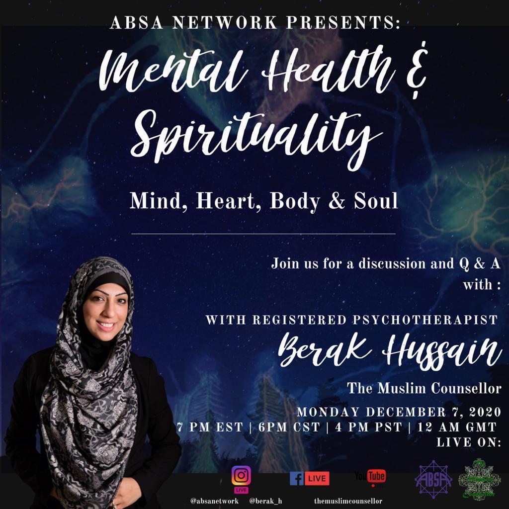 AbsaNetwork's tweet image. Salaam Alaikum, 
Please join us our event on “Mental Health &amp;amp; Spirituality” with Sister Berak Hussain! You may send your own questions through the link below!

forms.gle/u4Ay755QcpF9yd…